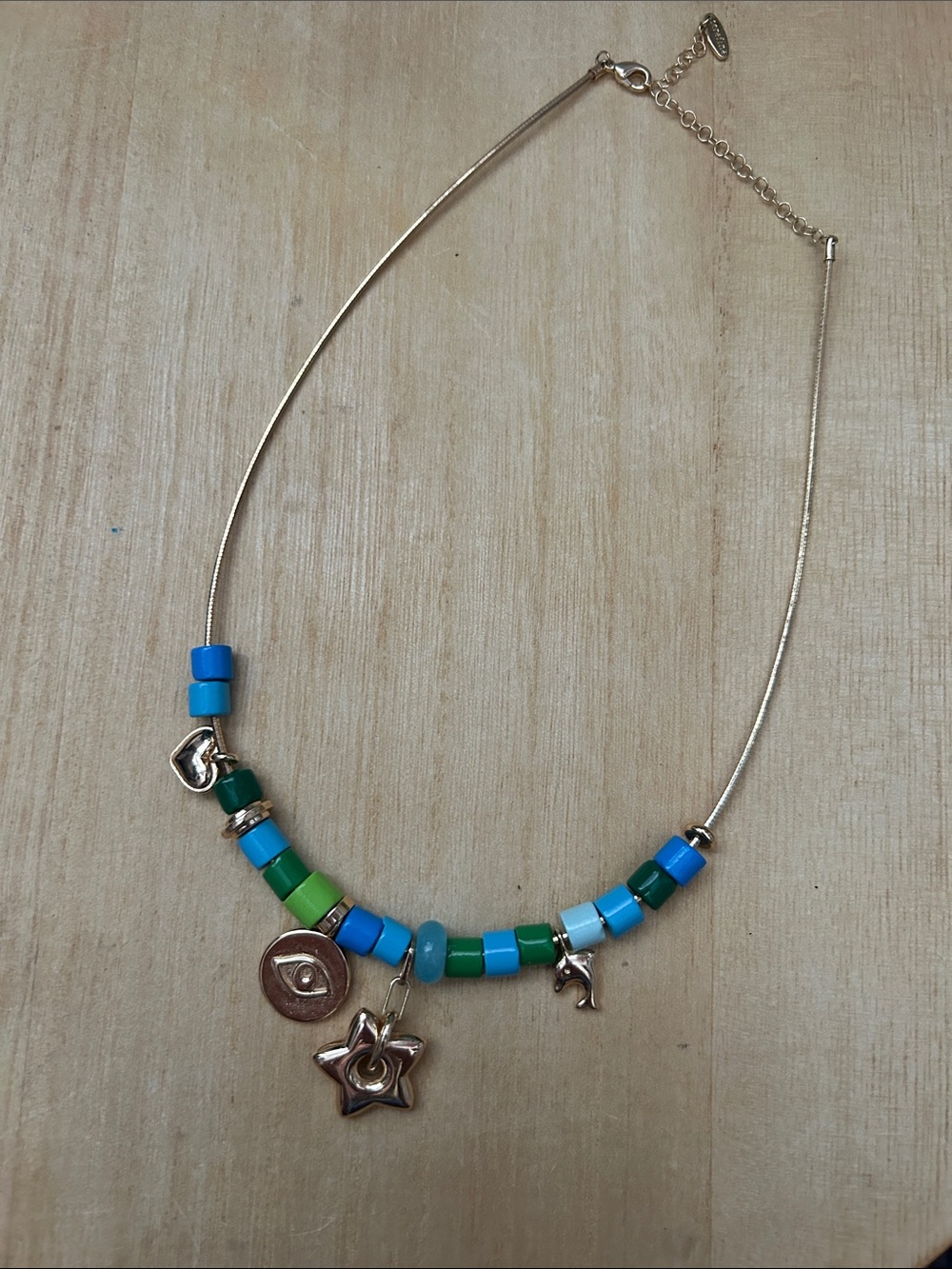 Anthropologie serafineGold Chain Necklace with Blue & Green Beads and Star Charm